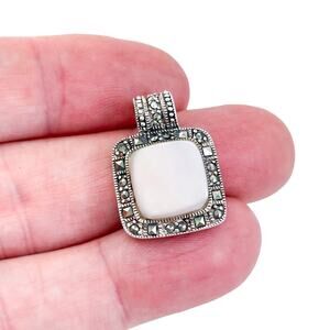 Vintage Sterling Silver 925 Marcasite Mother of Pearl Square Pendant
